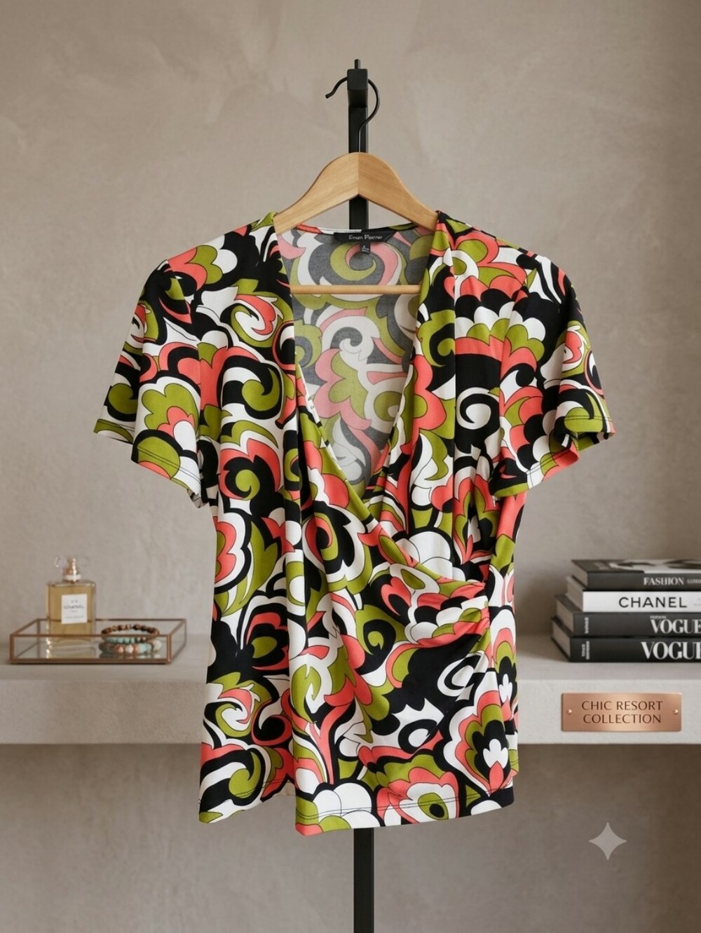 Evan Picone Coral, Olive & Black Swirl V-Neck Wrap Blouse
